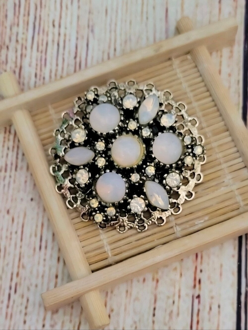 Vintage Opalite and Aurora Borealis Filagree Brooch